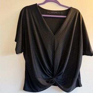 Women's Black Twist-Front Short Sleeve V-Neck Top